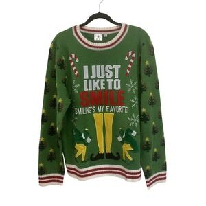 Elf Christmas Sweater Mens L I Just Like To Smile Green Ugly Holiday Wool Blend